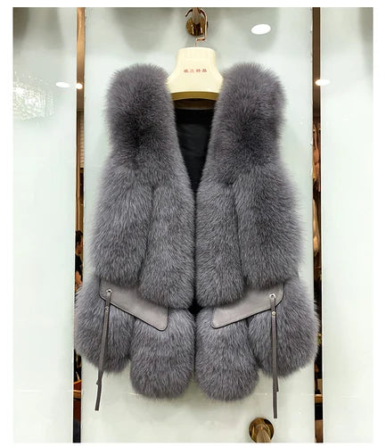 MPPM  New Women Fox Fur Vest Fashion Winter Genuine Fox Waistcoats Gilets V-neck Autumn Lady's Jackets Coats Top Quality Luxury