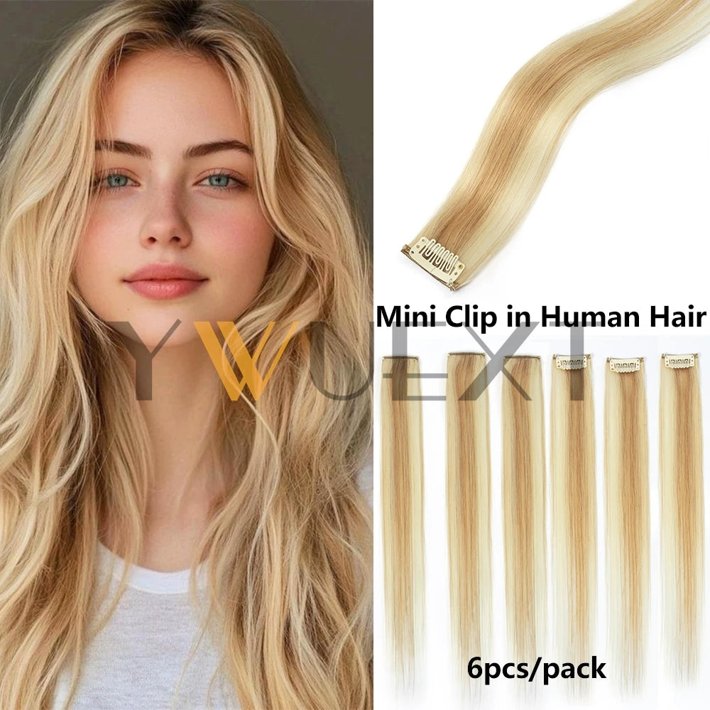 YWUEXT 6PCS Mini Clip in Human Hair Pad 1clip on Machine Weft Hair Extensions 12"-16" Natural Straight Clip Hair Piece 30g/pack