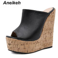 Aneikeh Black Platform Wedge Sandals Slippers 2025 Summer Fashion Peep Toe Super High Heigh Sexy Sandal Mules zapatillas mujer