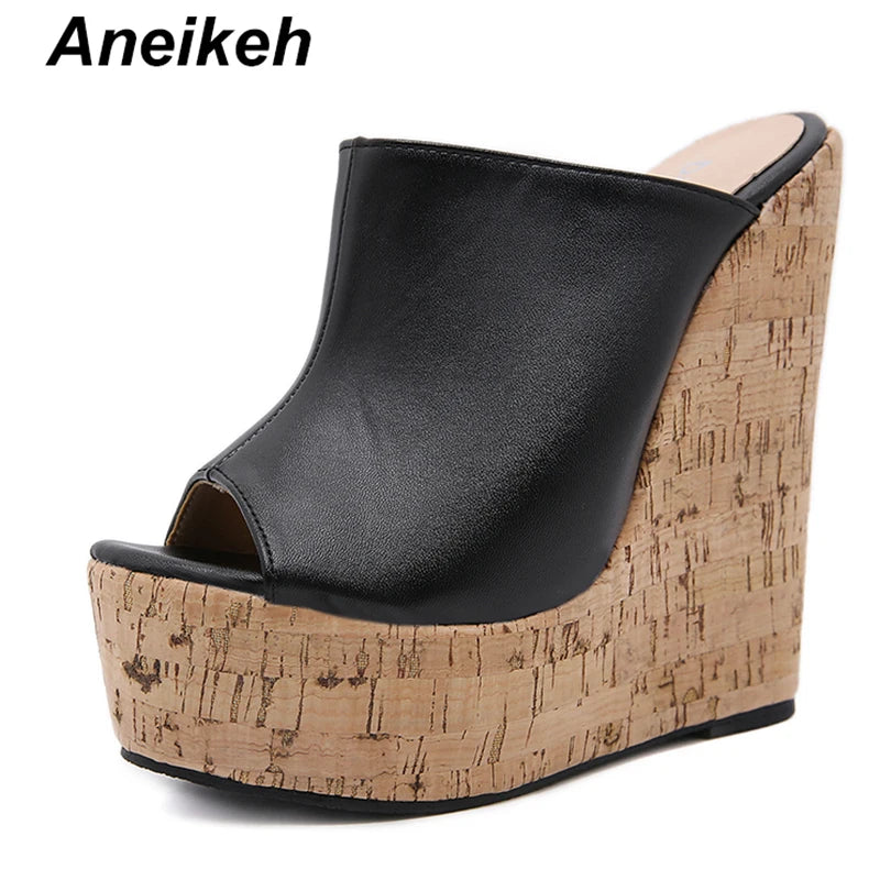 Aneikeh Black Platform Wedge Sandals Slippers 2025 Summer Fashion Peep Toe Super High Heigh Sexy Sandal Mules zapatillas mujer