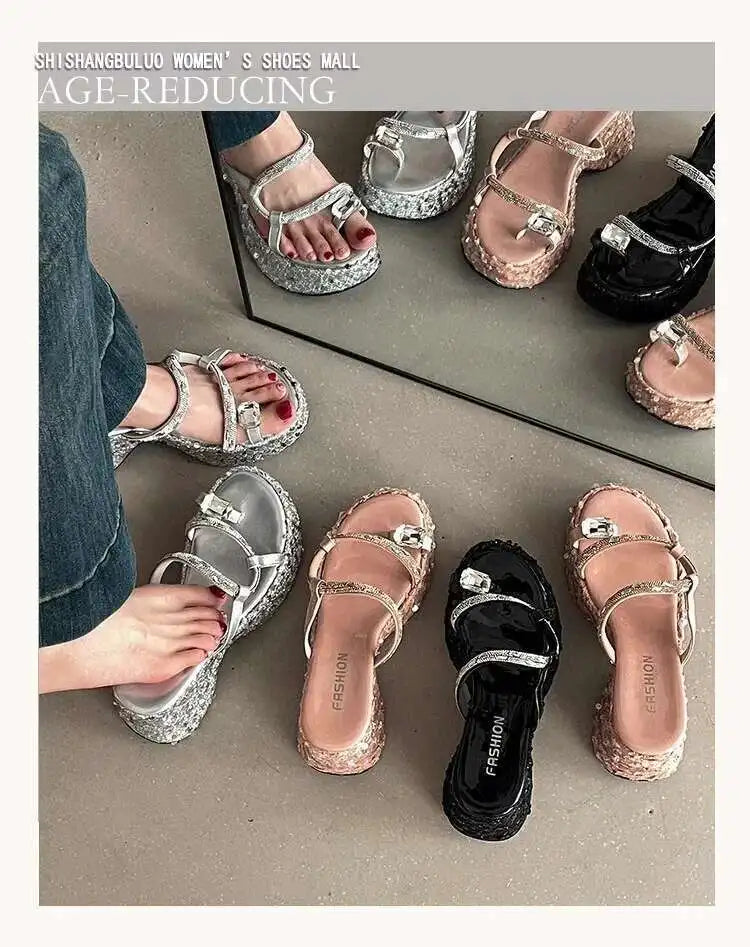 Women's Wedge Sandals Thick-soled Flip-flops Shiny Sequined Ladeis High Heels Rhinestone Home Outdoors Slippers