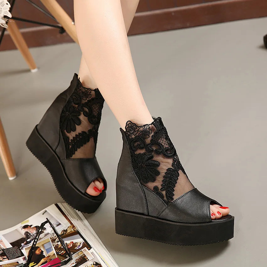 Fashion Woman Lace Shoes Wedge Heels Platform Pumps Sandals High Heel Women's Hollow-out Summer Non-slip Casual Designer Sandals