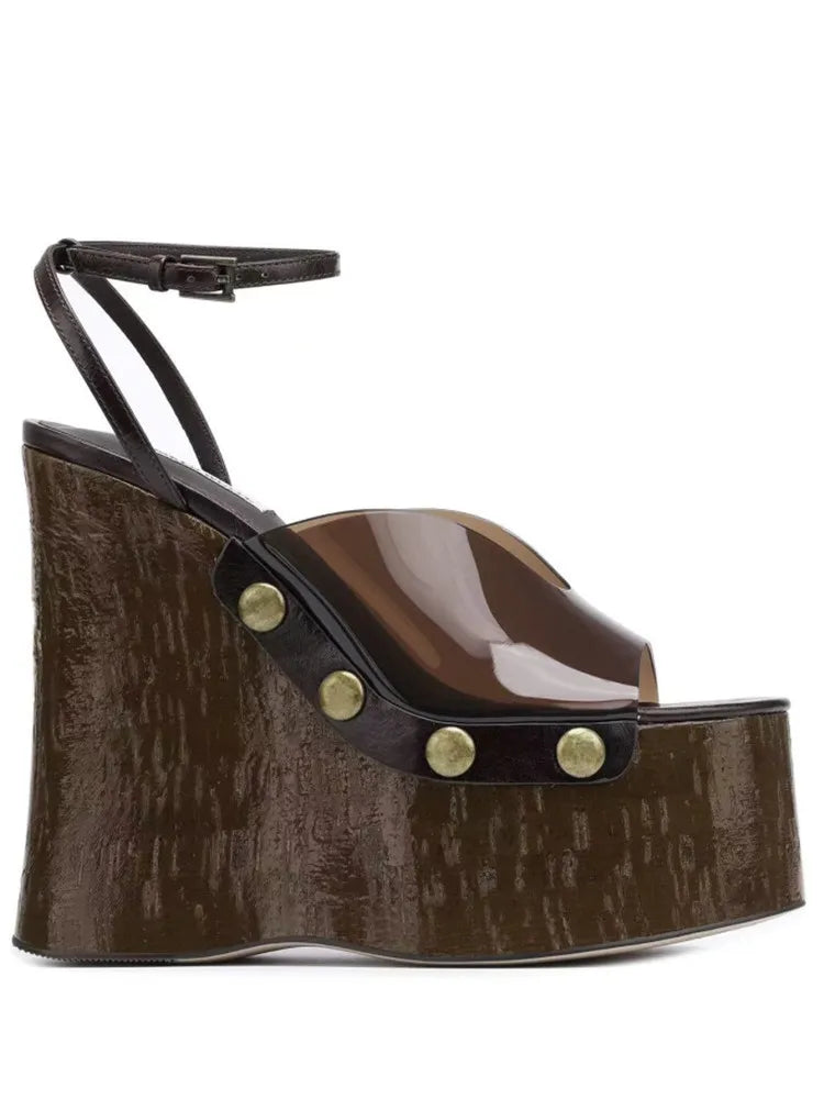 Ladies' Summer Wedge Heel Thick Soled Sandals with Wood Grain Rivets, Waterproof Platform, Thick High Heels, and Sandals
