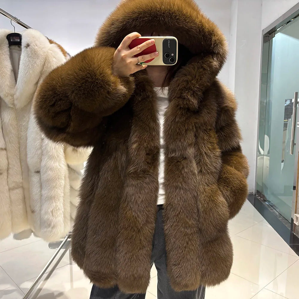 YOLOAgain Hooded Real Fox Fur Jacket Women 2025 Winter Warm Natural Fox Fur Coat Female