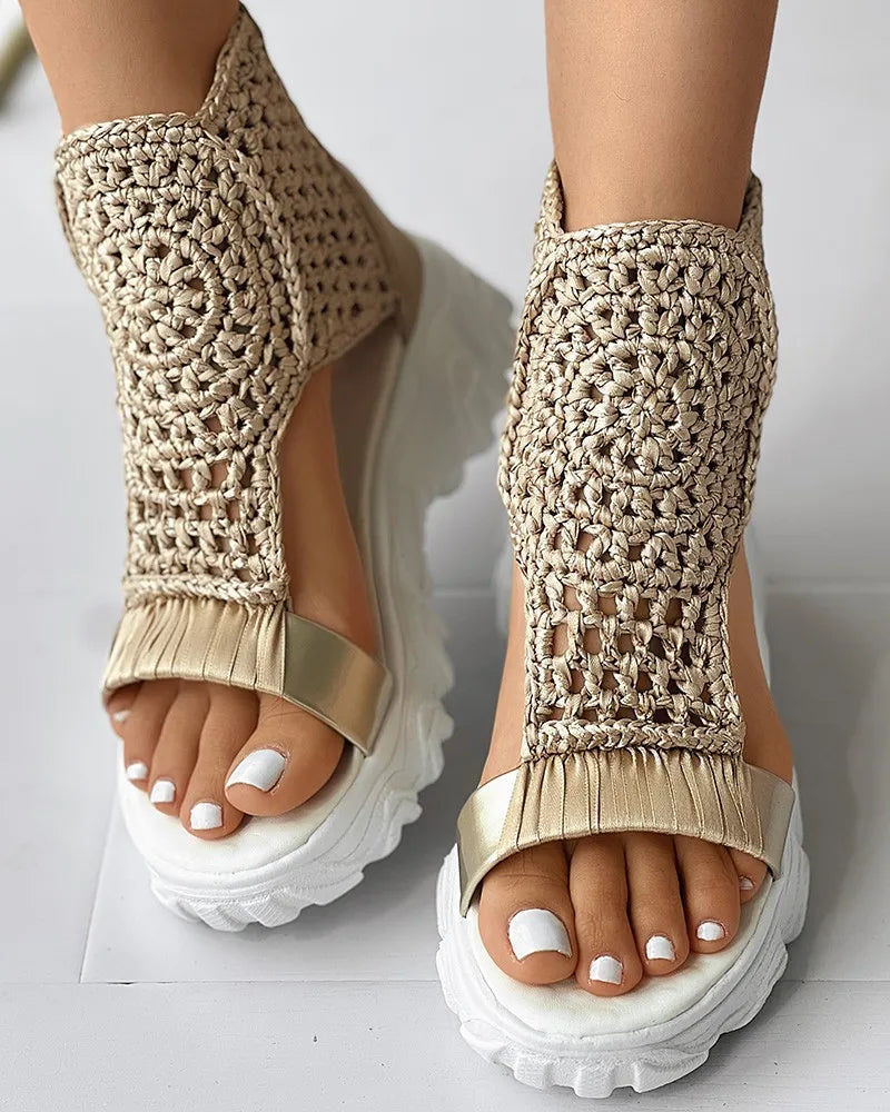 Sandals Women Braided Geometric Wedge  Knitted Elastic Summer Shoes Mesh Flat  Hollow Female Platform