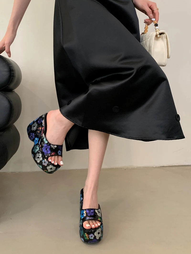 13cm Black Wedge Sandals Women Pink Flower Print Platform High Heels Slippers Summer Ladies Shoes Silver 13CM Heeled Sandals