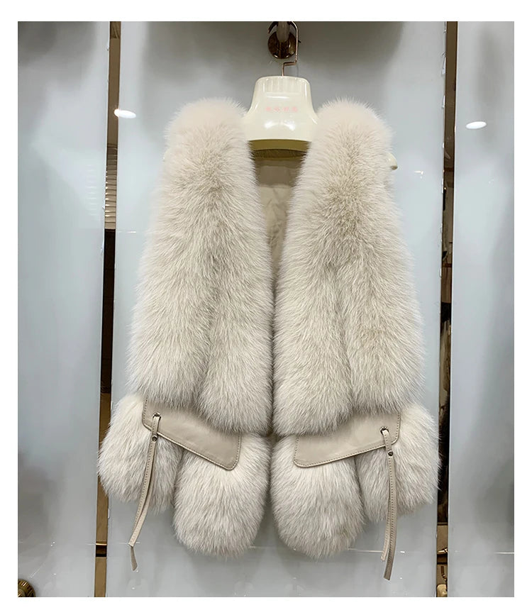 MPPM  New Women Fox Fur Vest Fashion Winter Genuine Fox Waistcoats Gilets V-neck Autumn Lady's Jackets Coats Top Quality Luxury