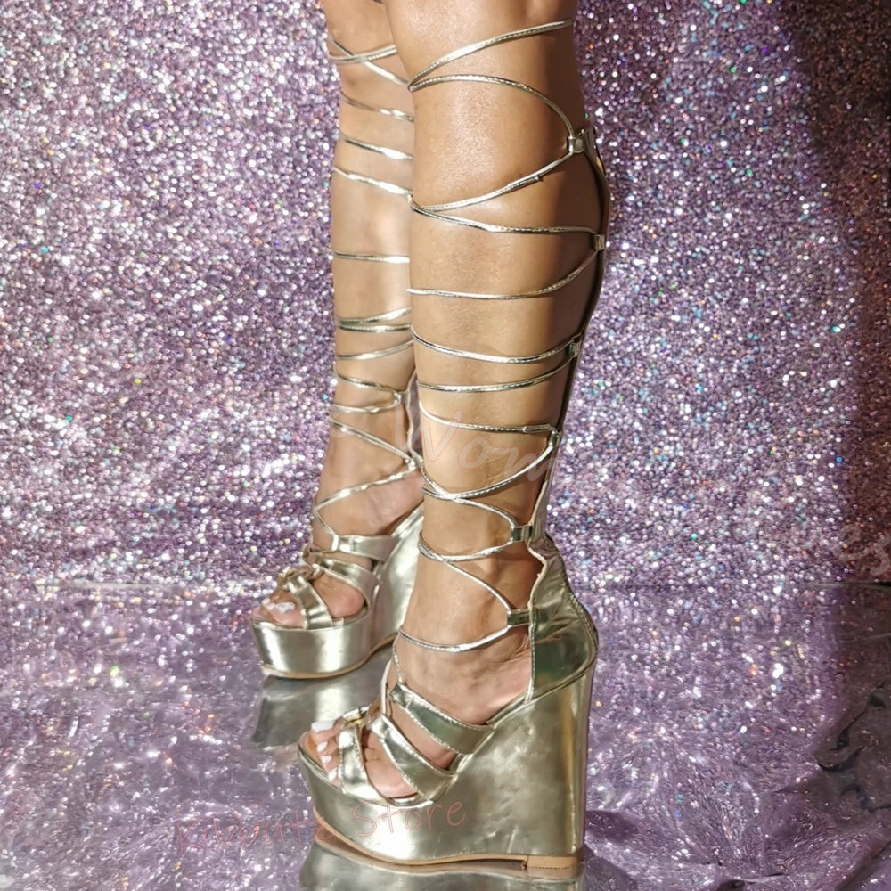 Metallic Knee High Wedge Sandals Platform Lace Up Open Toe Shiny Finish Sexy Nightclub Party Shoes Women Comfortable Leather New