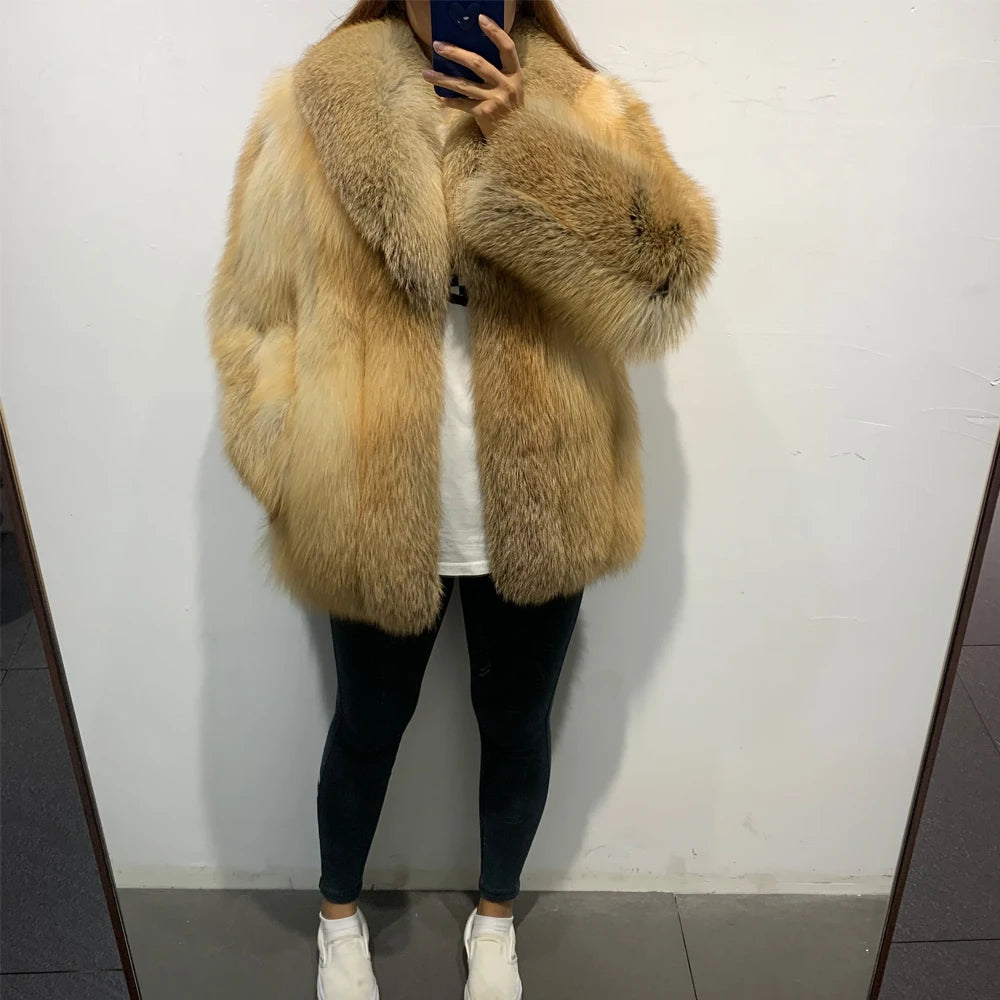 Red Fox Fur Coat Long Sleeve with Collar Ladies Real Fur Jacket Natural Fox Cloth
